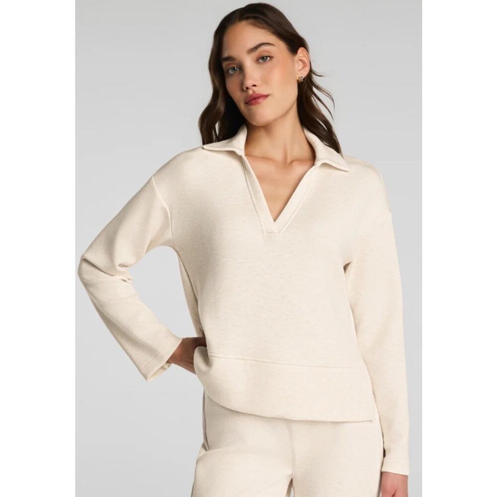 SPANX Air Essential XL Polo V Neck LS Soft Sweatshirt Pullover Top Oatmeal